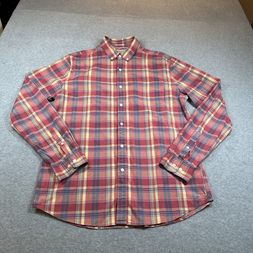 Hawker‎ Rye Button Down Shirt Mens L Tall Red Orange Plaid Long Sleeve Stretch